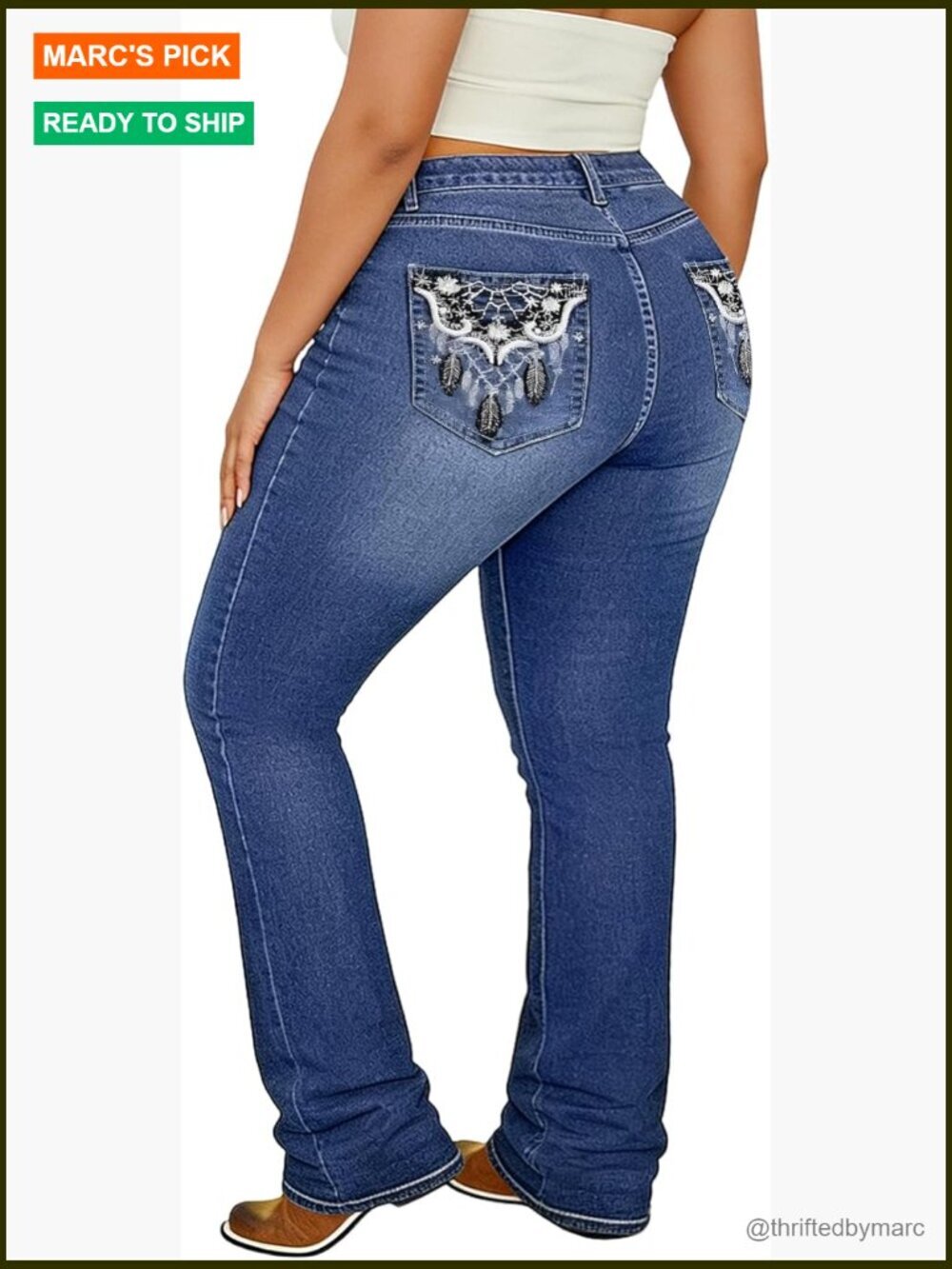 Plus Size High Waist Stretchy Boot Cut Flare Jeans with Embroidered Details